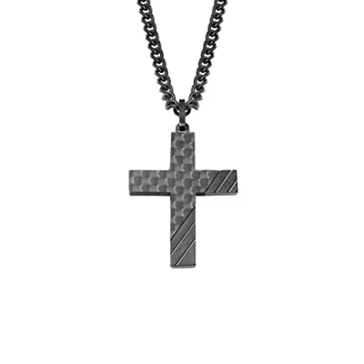 Image of s.Oliver chain with pendant stainless steel carbon men necklace, 50 cm, silver, cross, Comes in jewelry gift box, 2022635