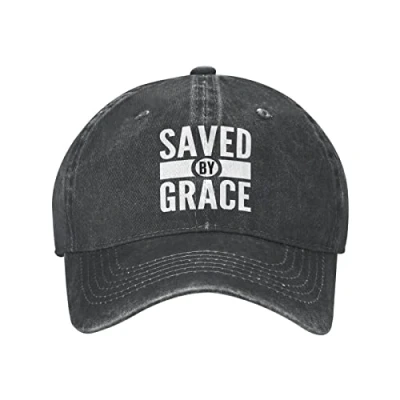 Image of 716 Baseball Cap Saved by Grace Scripture Quote Denim Hat Sun Protective Hip Hop Adjustable Customized for Outdoor, Running
