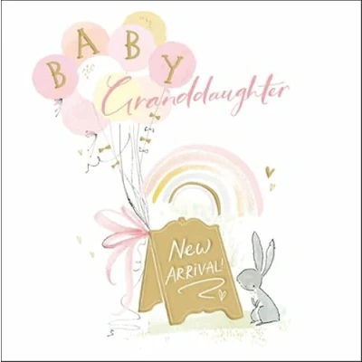 Image of Woodmansterne Artistic &#039;New Baby Granddaughter&#039; Card Rabbit &amp; Rainbow From The Quill Ink Range Embossed With Gold Foil Details
