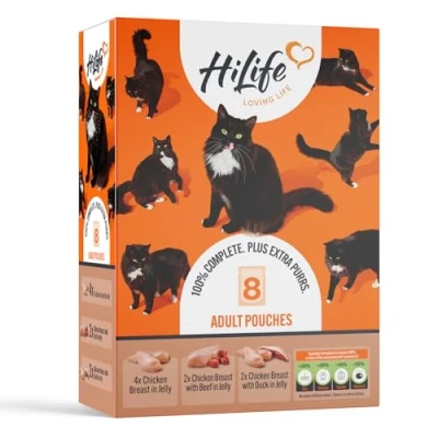 Image of HiLife Adult Wet Cat Food, Mixed Chicken Recipes in Jelly, Complete Food Pouches, 100% Natural &amp; Grain Free, 4x Breast / 2x Duck Beef (8 x 70g Pouches)
