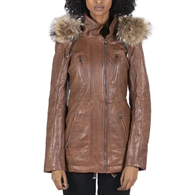 Image of TruClothing Womens Real Leather Parka Jacket 3/4 Fur Hood Zipped Brown Tan Grey Tailored Fit Timber 5XL