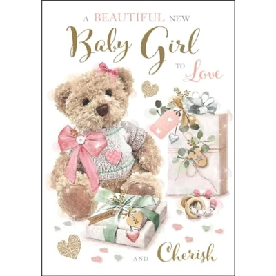 Image of New Baby Girl Congratulations Card Beautiful to Love Teddy Bear Design Special Finishes and Illustrated Insert Leaf Made in the UK
