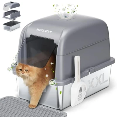 Image of MeoWant Cat Litter Box with High Sided Stainless Steel Lid, Enclosed Metal Pan for Big Cat, Never Absorbs Odor, Non Stick Surface, XXL Extra Large Tray, Detachable, Easy Clean, Grey