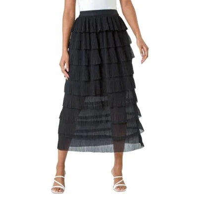 Image of Roman Womens Pleat Detail Layered Frill Midi Skirt Black Size 14 UK