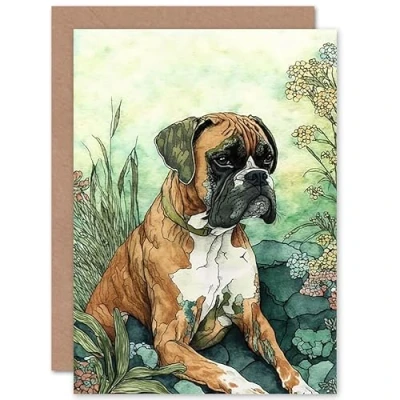 Image of Artery8 Boxer Dog in Flower Field Colourful Watercolour Illustration Art Birthday Sealed Greeting Card Plus Envelope Blank inside