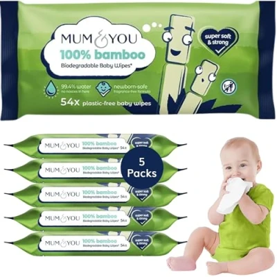 Image of Mum &amp; You Bamboo baby wipes Multipack 100% Biodegradable wet (5 Packs), 99.4% Water for Sensitive Newborn Skin, Bulk, Bum Wipes, Tissue,Eco Friendly