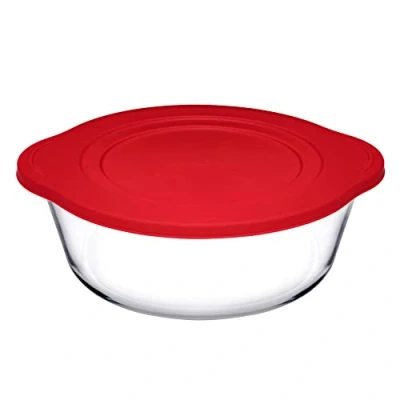 Image of Casserole Dish with Red Plastic Lid 48oz / 1.45ltr Single Glass Oven Safe