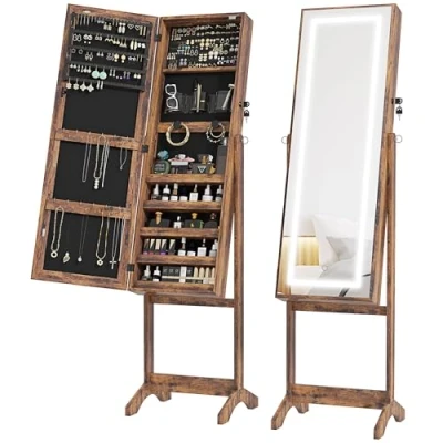 Image of HOMCOM Jewellery Cabinet with LED Light, Lockable Organiser Full Length Mirror for Bedroom Dressing Room, Rustic Brown