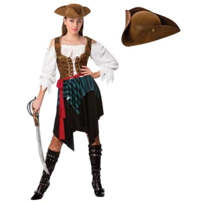 Image of Caribbean Pirate Woman Costume + Brown Faux Suede Hat : Adult Ladies Buccaneer Captain Jack Fancy Dress (L)