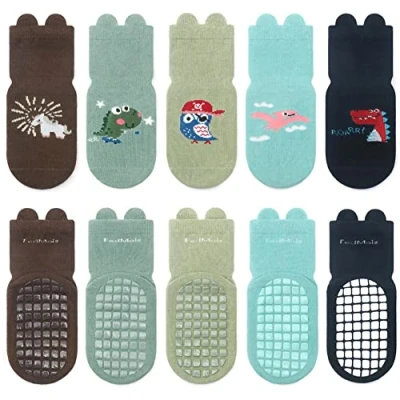 Image of FedMois 5 Pairs Baby Kids Anti slip Socks Cotton non skid Ankle Animals, Dinosaur, 3 Years