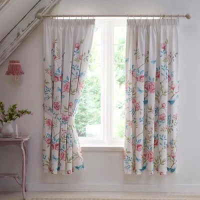 Image of Dreams &amp; Drapes Garden Flower, Butterfly Bird Curtains W66 x L72 (168 183cm) 2x Panels Pencil Pleat Vintage Floral for Bedroom/Living Room Blue/Pink Pleated