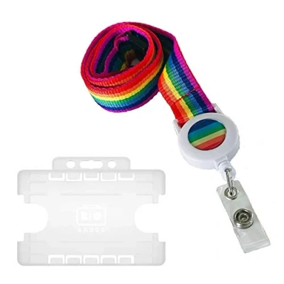 Image of 20mm Rainbow Badge Reel Lanyard with Safety Breakaway and Double Frosted Horizontal Card Holder (Rainbow)