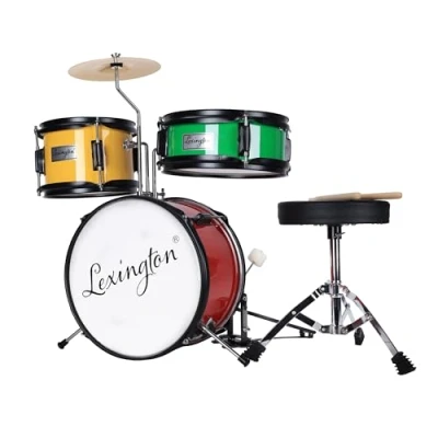 Image of Lexington Children&#039;s Drums Set of 3 with Snare, Tom, Bass Drum, Drum Pedal, Throne, Cymbals, Drumsticks, Red, Yellow, Green