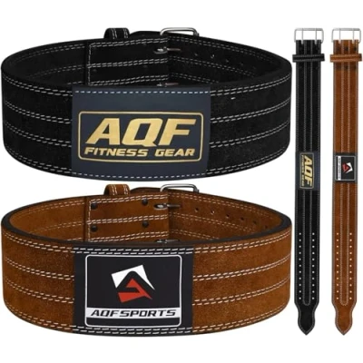 Image of AQF Weight Lifting Nubuck Leather Powerlifting Belt Back Support 4 Wide X 10mm Thick Double Prong Steel Roller Buckle Contoured Training Suede Lining Black &amp; Brown (Black, Large 35&quot; to 40&quot;)