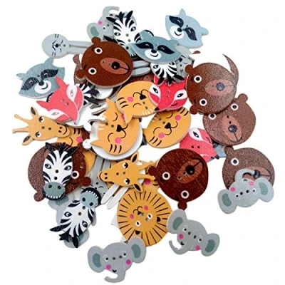 Image of Pack of 50 Assorted Animals Wooden Buttons Button Sewing Craft 20 mm