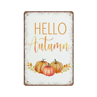 Image of Dreacoss Hello Autumn Tin Signs, Fall Wall Art, Retro Funny Metal Sign Vintage Poster Art for Kitchen Garden Bathroom Farm Home Coffee Decor Sign, 20x30 cm