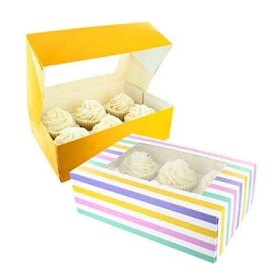 Image of Baked with Love 650214 6/12 Cupcake Box, Twin Pack, Bold Stripes &amp; Yellow Windowed to Carry Tasty Treats, Includes Dual Insert for 6 Standard Cupcakes or 12 Mini Cupcakes, Pack of 2 Boxes