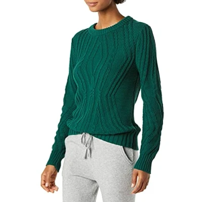 Image of Amazon Essentials Women&#039;s 100% Cotton Crewneck Cable Jumper, Dark Green, S
