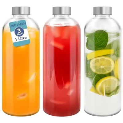 Image of HEFTMAN Glass Water Bottle 1 Litre 3 Pack Empty Bottles with Lids Water, Smoothies, Juice Airtight, Leakproof, Stainless Steel &amp; Cleaning Brush for Work, Gym, Home