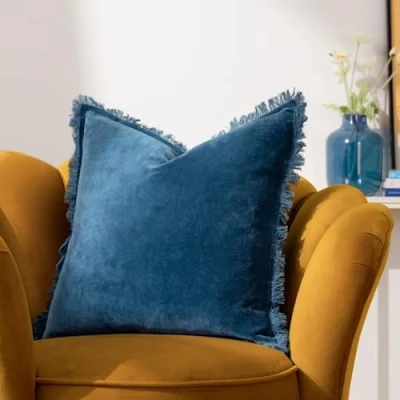 Image of furn. Gracie Velvet Fringed Feather Filled Cushion Blue Cotton Size 45 cm x
