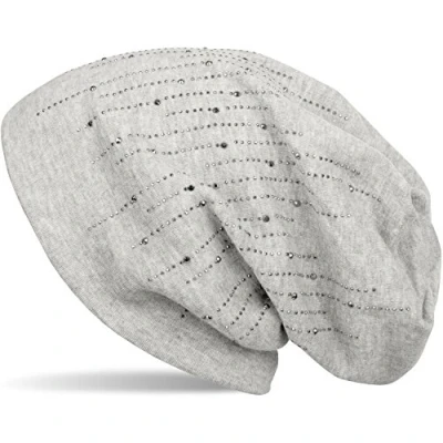 Image of styleBREAKER Beanie hat with Rhinestone Rivets in Classic Stripe Design, Slouchy Long Beanie, Unisex 04024086, Colour:Mottled Light Grey