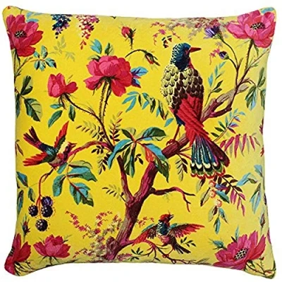Image of Riva Paoletti Paradise Square Feather Filled Cushion Colourful Bird Print Faux Velvet Fabric Machine Washable 100 Case (20&quot; X 20&quot; Inches) , Cotton, Yellow, 50 50cm