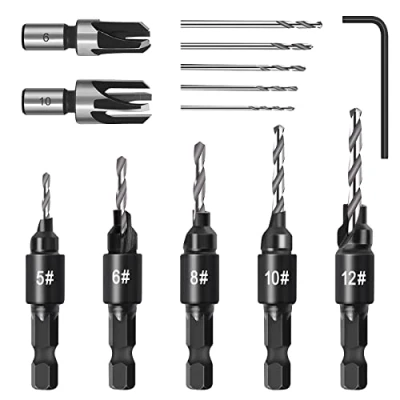 Image of Countersink Drill Bit Set, 5 Piece Woodworking Chamfered Set with 1/4 Inch Hex Shank Compatible Dremel Rotary Tool, Counter Sinker Tools for Hole Drilling, 2 Wood Plug Cutter L Wrench