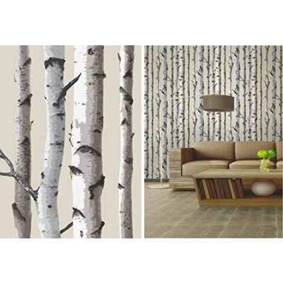 Image of Fine Decor Cream Birch Trees Forest Themed Feature Wallpaper