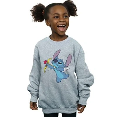 Image of Disney Girls Lilo And Stitch Cupid Valentines Sweatshirt (Sports Grey) Light Grey Size 3 4Y