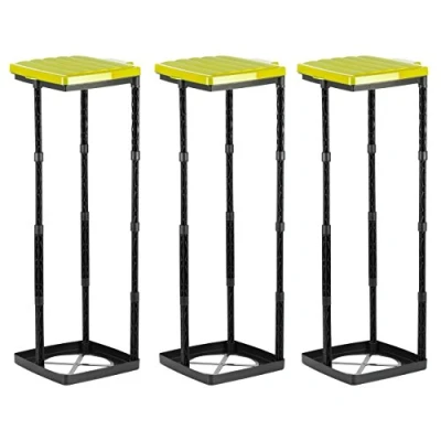 Image of Grizzly bin bag holder, 3x rubbish with yellow lid, height adjustable plug in system clamping ring, for different sized liners from 25 120 litres