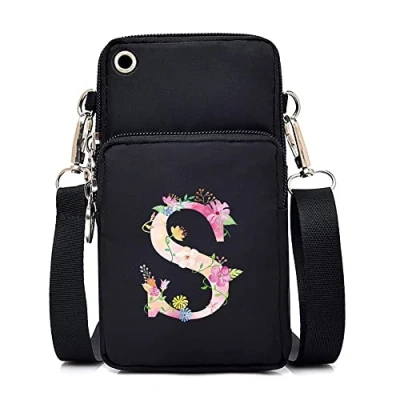 Image of FINDING CASE initial letter Printed Women Girls men Zipper Waterproof Nylon 3 Layers Crossbody Bags Wallet Cellphone Purse Shoulder Bag Wristlet Handbags Adjustable Strap (pink S)