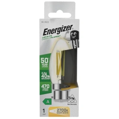 Image of Energizer A Rated LED Elite Candle B22 Filament 470lm 2.2W 2700K Warm White Light Bulb