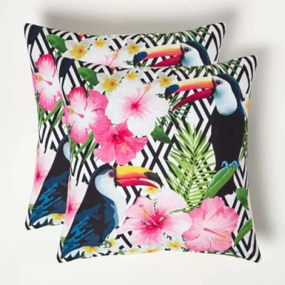 Image of HOMESCAPES Set of 2 Outdoor Cushions Waterproof, Tropical Toucan &amp; Flowers Filled Garden Cushion, Hypoallergenic Polyester, Decorative Pillows for Indoor Patio, Benches Sofa 45 x 45cm