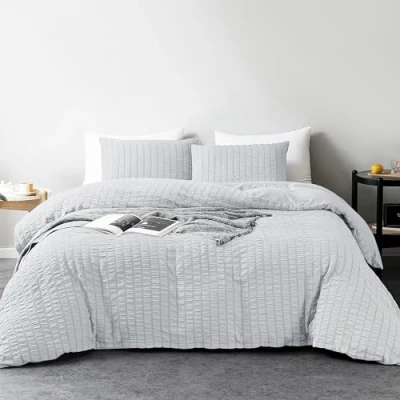Image of My home store Seersucker Grey Single Duvet Cover Set with 1 Pillowcase Soft Breathable 2 Pcs Quilt Polyester Cotton Bedding