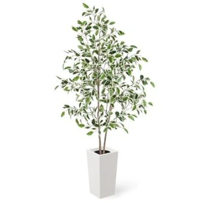 Image of YOLEO 5FT Artificial Ficus Tree with White Tall Planter, Lifelike Fake Silk Indoor, Faux Plant for Living Room Bedroom Balcony Corner Office Decor