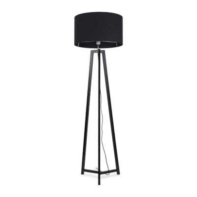 Image of Black Wood Tripod Floor Lamp with Fabric Drum Lampshade Living Room Light LED Bulb Included