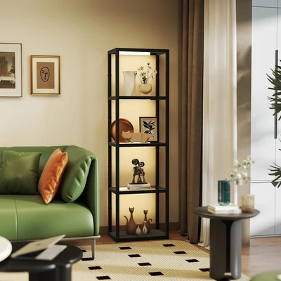Image of HOMCOM LED Floor Lamp with Glass Shelves, 4 Layers Dimmable Tall Standing Lamp, Modern Column Shelf Light for Living Room, Bedroom, Office, Black
