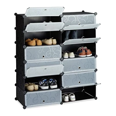 Image of Relaxdays Plastic Shoe Cabinet, Rack, 12 Compartment Shelving Unit, HWD: 108 x 94 37 cm, Black