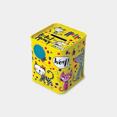 Image of Rachel Ellen Designs Cats &amp; Dogs Money Box Tin Yellow