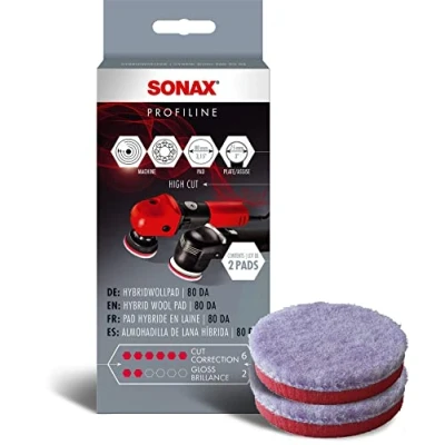 Image of SONAX HybridWollPad 80 DA (2 pieces) polishing disc for small machines removing deep scratches and matting, item no. 04940410
