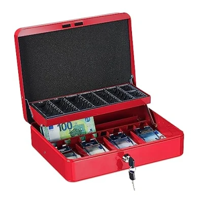 Image of Relaxdays Cash Box, Coin Counter Tray Lockable Portable Change &amp; Notes, H x W D: 8.5 30.5 24.5 cm, Iron, Red
