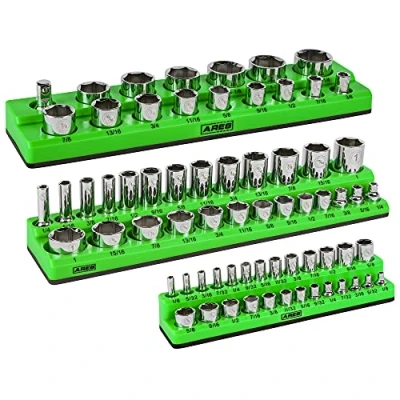 Image of ARES 60037 3 Piece SAE Magnetic Socket Organizer Set Green Includes 1/4&quot;, 3/8&quot;, 1/2&quot; Holder for 68 Standard (Flat) and Deep Sockets Also Available in Red