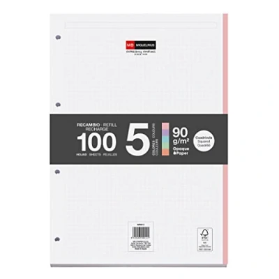 Image of Miquelrius Loose Leaf Refill Pad, 5 Stripes of Pastel Colours, 100 Sheets mm, A4 Size, 90 g/m² Paper, 4 Drills