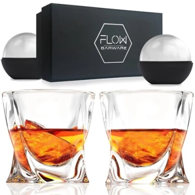 Image of FLOW Barware Twist Whiskey Glasses Set of 2 Twisted Design Whisky Gift Perfect Heavy Tumbler for Scotch, Bourbon Gin &amp; Tonic Negroni Cocktails
