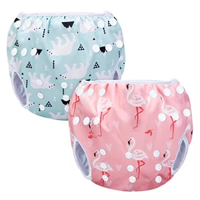 Image of Luxja Swimming Nappy Reusable (Pack of 2), Adjustable Swim Nappies for Baby (0 3 Years), Washable, Pink Flamingo + Polar Bear