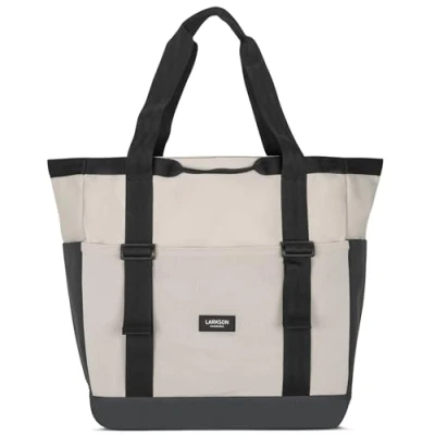 Image of LARKSON Beach Bag Beige Grey Smilla Tote with Zip for Men &amp; Women Family Holiday, Sports, Swimming Shopping Made From Pecycled PET Water Repellent