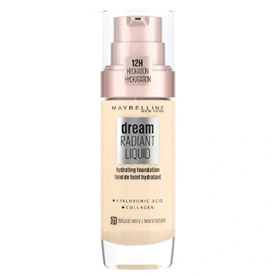 Image of Maybelline Foundation, Dream Radiant Liquid Hydrating Foundation with Hyaluronic Acid and Collagen, Lightweight, Medium Coverage Up to 12 Hour Hydration, 01 Natural Ivory, 30 ml (Pack of 1)