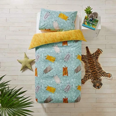 Image of little furn. Wild Friends Duvet Cover and Pillowcase Set, Cotton, Teal, Double