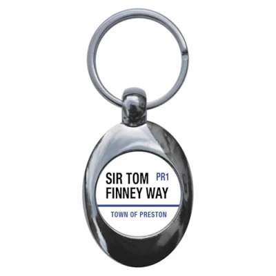 Image of Ozorath Sir Tom Finney Way PR1 Preston Road Sign Keyring Keychain Key Ring Chain With Trolley Coin