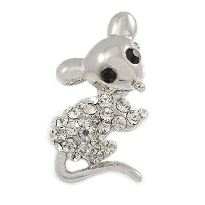 Image of Avalaya Little Mouse Crystal Brooch (Silver Tone)